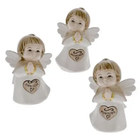 bomboniere comunione angeli porcellana con cuore in legno e frasi