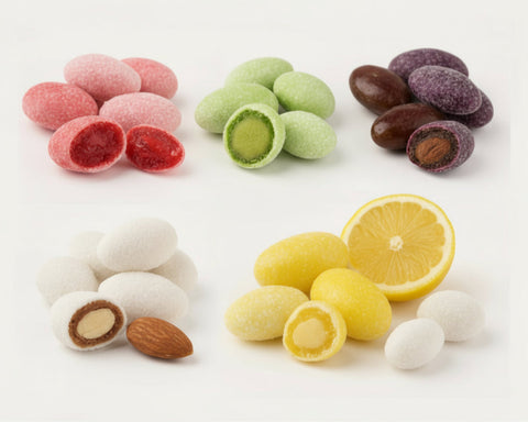 Gusti Confetti Maxtris assortiti ai sapori di mandorla, pistacchio, tiramisù e cioccolato, ideali per bomboniere e confettate.