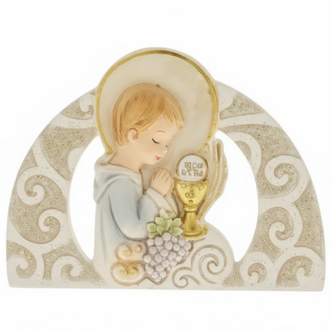 Bomboniere sacre Prima Comunione con icone religiose, croce, calice e colomba – per maschio e bambina.