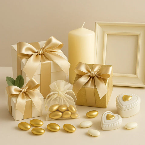 Bomboniere per nozze d’oro eleganti e classiche con confetti dorati e scatoline regalo in tonalità oro e avorio.