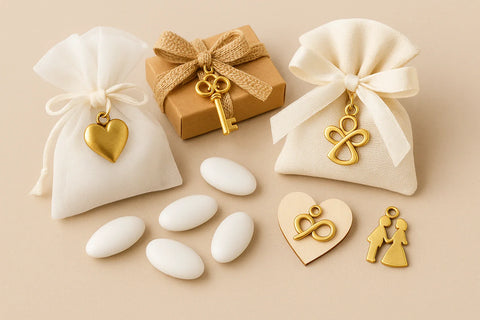 Ciondoli per bomboniere eleganti in metallo dorato con sacchetti e confetti bianchi – idee raffinate ed economiche online.