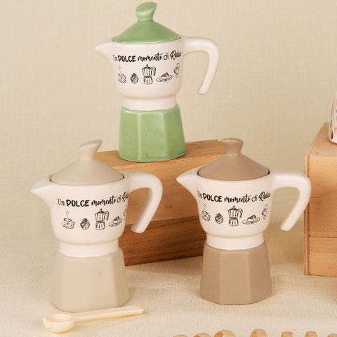 Zuccheriera a forma di caffettiera in ceramica, bomboniera utile per matrimonio.