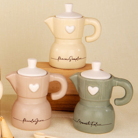 Zuccheriera a forma di caffettiera moka in ceramica, bomboniera matrimonio elegante.