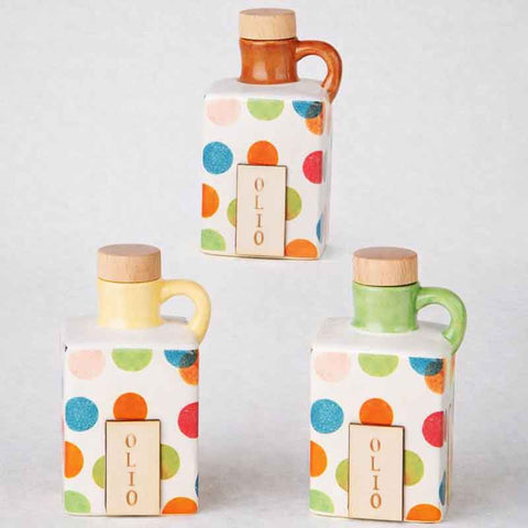Oliera in Ceramica a Palline Colorate con Targhetta in Legno – Bomboniera Utile