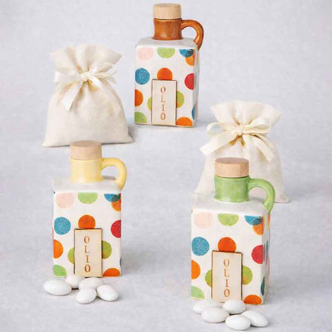 Oliera in Ceramica a Palline Colorate con Targhetta in Legno – Bomboniera Utile