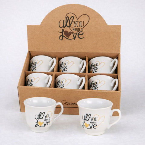 Tazzine da caffè in ceramica bomboniera con scritta All You Need Is Love.