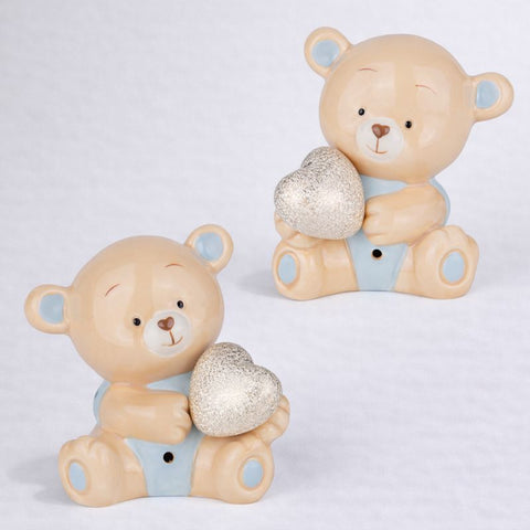 Lampada LED Orsetto Celeste con Cuore Oro - Bomboniera Battesimo Bimbo