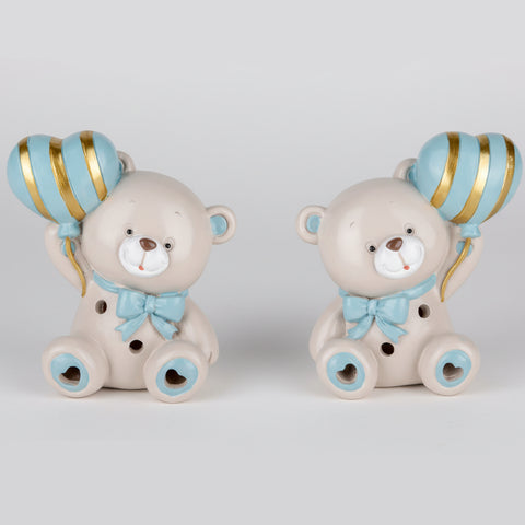 Lampada LED Orsetto con Cuore Oro e Celeste Bomboniera Battesimo