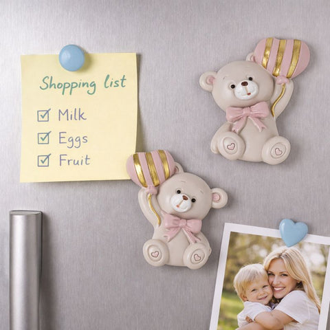 Magnete Orsetto Bomboniera Nascita Bimba con Palloncino Cuore Rosa e Oro