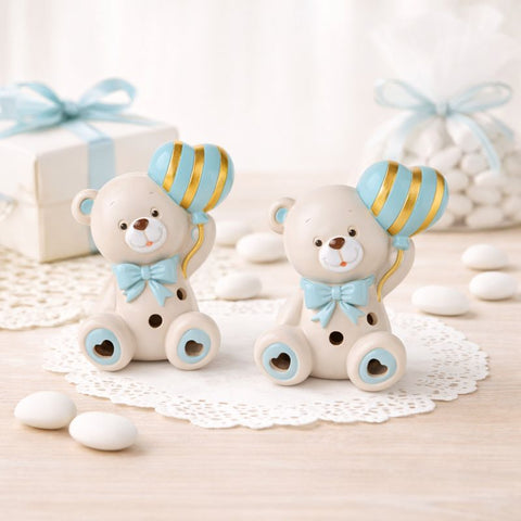 Lampada LED Orsetto con Cuore Oro e Celeste Bomboniera Battesimo