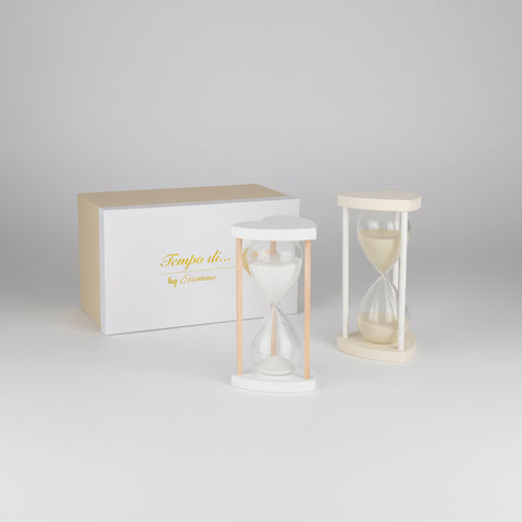 Clessidra bomboniera in vetro con base e piano in legno a cuore, idea economica per matrimonio