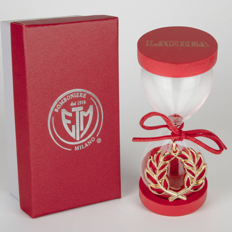Bomboniera clessidra laurea in vetro con sabbia rossa, dettagli a tema e scatola regalo, altezza 13 cm