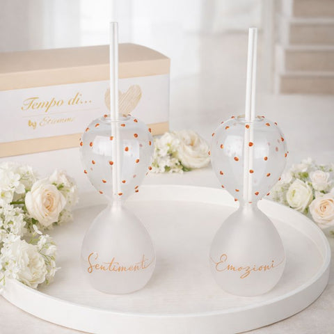 Diffusore di ambiente a clessidra in vetro con scritte dorate Sentimenti ed Emozioni, bomboniera elegante