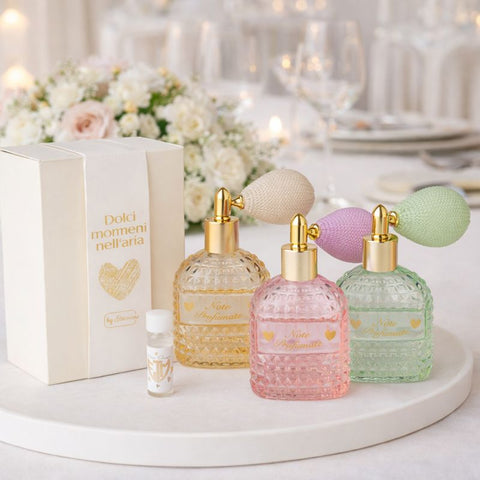 Diffusore spray bomboniera Note Profumate in vetro colorato con scatola regalo ed essenza inclusa