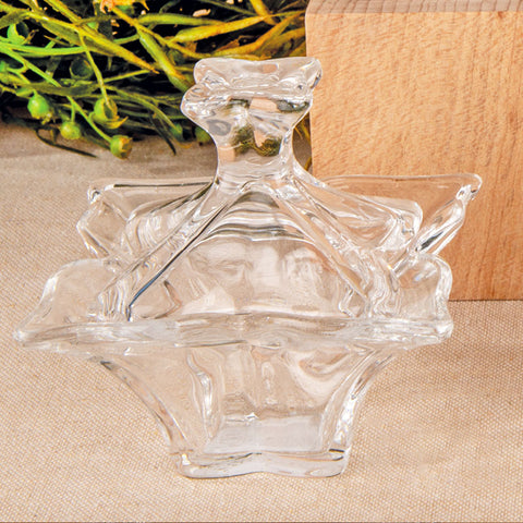 Bomboniera in vetro trasparente a forma di fiore con coperchio, ideale per confetti e cerimonie.