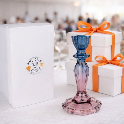 Portacandele in Vetro Sfumato Blu e Rosa – Bomboniera Elegante per Matrimonio e Anniversario