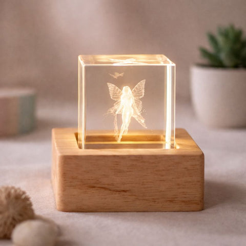 Bomboniera Cubo Cristallo LED Fatina 3D Incisa Laser Battesimo Bimba