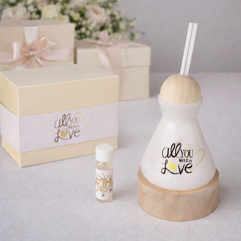 Diffusore essenza con LED All You Need Is Love bianco in vetro con base in legno, bomboniera matrimonio