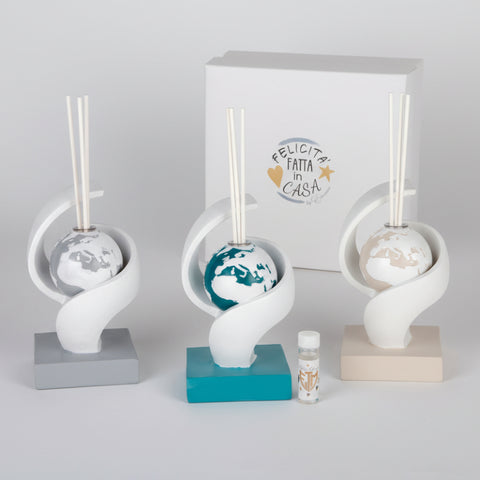 Diffusore essenza planisfero con mappamondo e spirale in ceramica, bomboniera tema viaggio