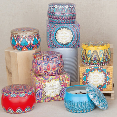 Candela profumata decorativa in scatola di latta colorata assortita per bomboniere eventi