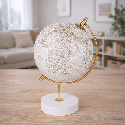 Bomboniera mappamondo decorativo bianco e oro con base elegante, tema viaggio