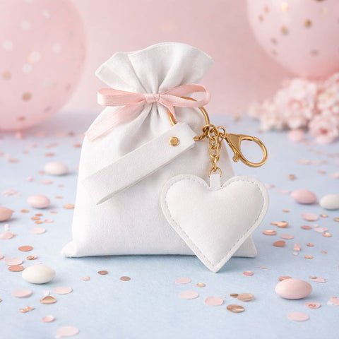 Portachiavi a forma di cuore bianco in similpelle con dettagli dorati, bomboniera portachiavi elegante