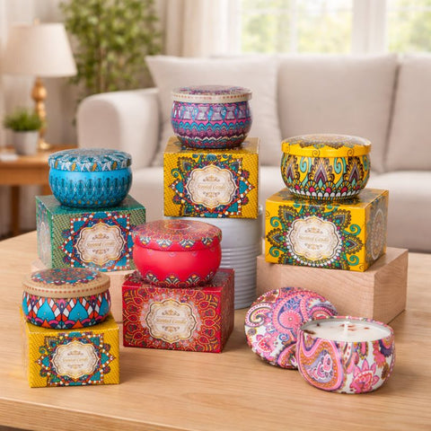 Candela profumata in scatola di latta decorata stile mosaico assortita, bomboniera originale per eventi