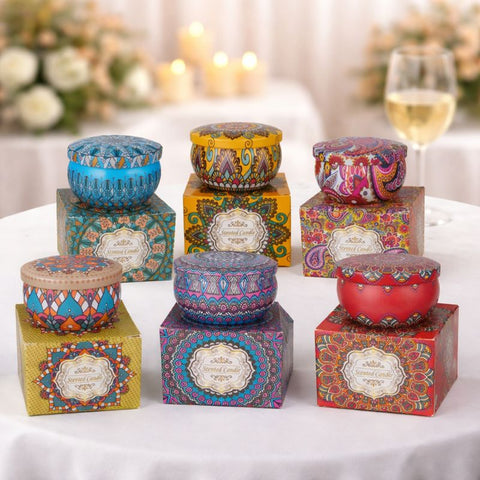 Candela profumata in scatola di latta decorata stile mosaico assortita, bomboniera originale per eventi