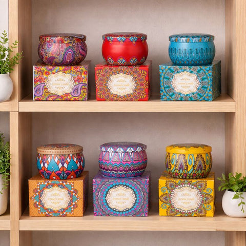 Candela profumata decorativa in scatola di latta colorata assortita per bomboniere eventi