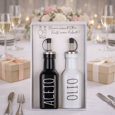 Set olio e aceto in vetro con tappo dosatore, bomboniera originale per nozze con scatola regalo