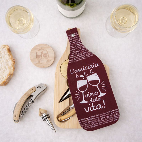 Set vino bomboniera con cavatappi e tappo in bamboo, bomboniera utile e originale per matrimonio