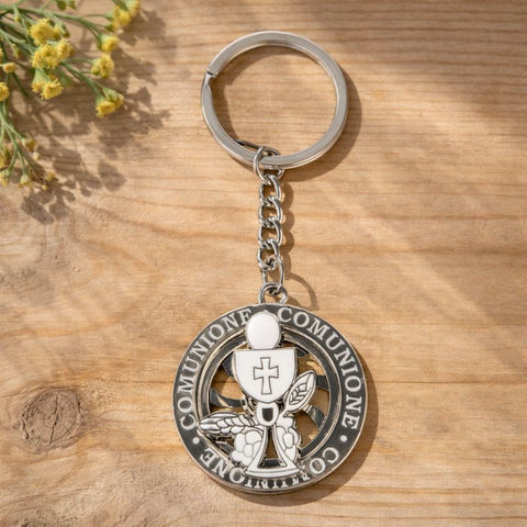 Portachiavi Comunione in metallo con calice e simboli eucaristici, bomboniera Prima Comunione