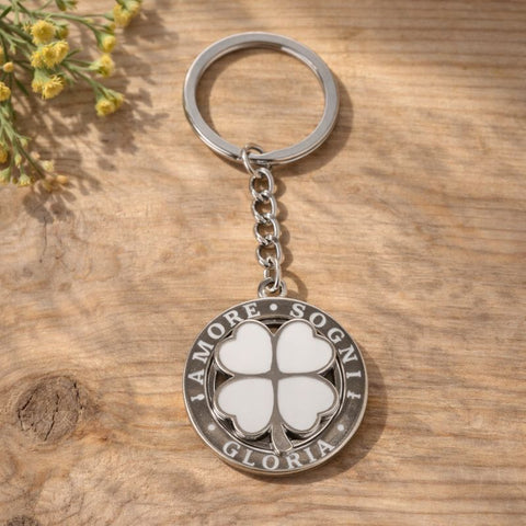 Portachiavi quadrifoglio in metallo con scritta Amore Sogni Gioia, bomboniera quadrifoglio portafortuna