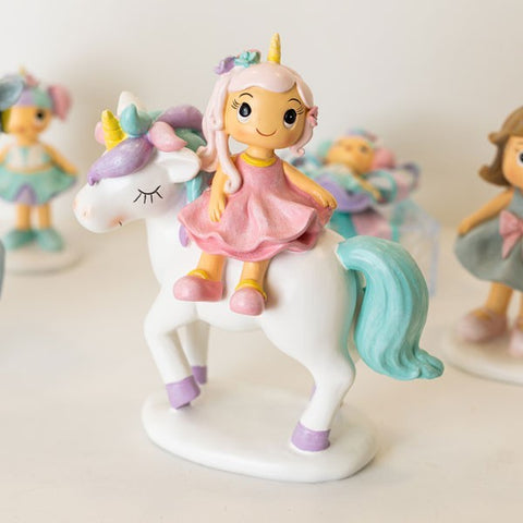 STATUETTE BIMBE SU UNICORNI IN RESINA COMPLEANNO FEMMINUCCIA