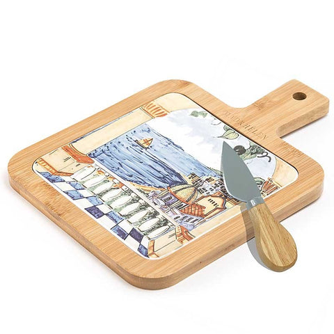 Tagliere Legno per Formaggi Aperitivo Decoro Ceramica e Coltello