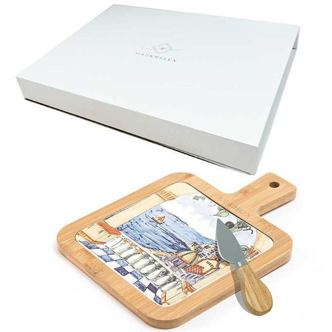 Tagliere Legno per Formaggi Aperitivo Decoro Ceramica e Coltello