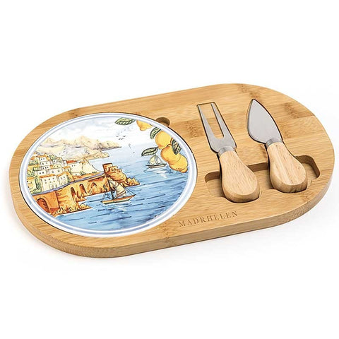 Tagliere Legno in Ceramica Decorato con Coltelli da Formaggio