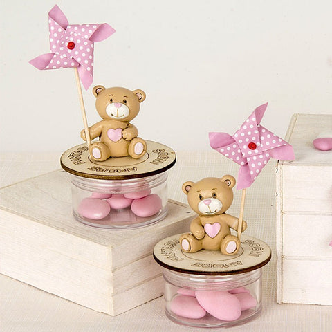 Bomboniera Battesimo Orsetto con Girandola Rosa e Scatola