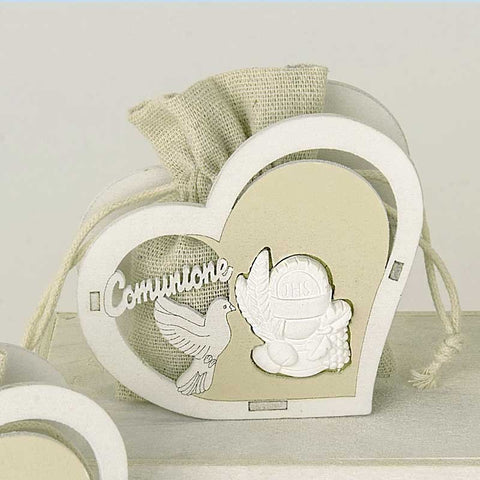 Scatole Porta Confetti Comunione Cuore in Legno e Sacchetto