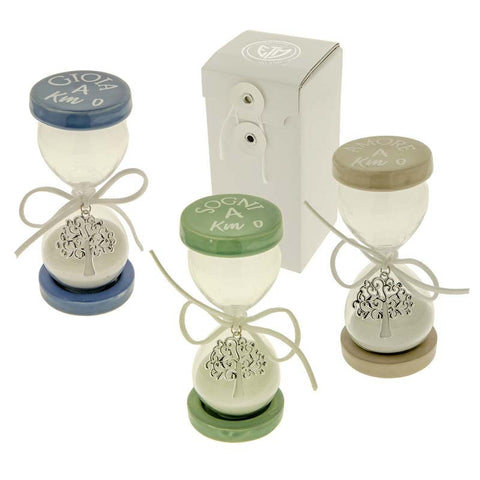 clessidre in vetro con base colorata e ciondolo albero della