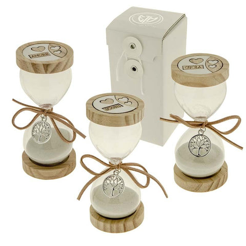 bomboniere clessidre in vetro e legno con ciondolo albero della