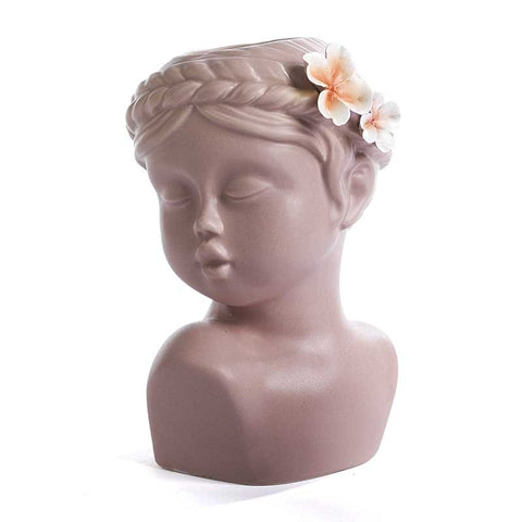 VASO PORTA PIANTE FORMA RAGAZZA MEZZOBUSTO ROSA IN PORCELLANA