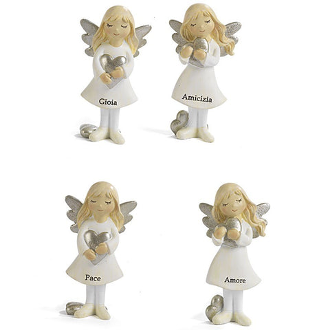 bomboniere angeli con frasi e cuore in resina colorata
