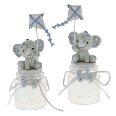 BARATTOLI DI VETRO BOMBONIERE ELEFANTINO CELESTE CON AQUILONE