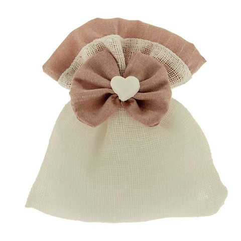 Sacchetto Per Confetti Con Fiocco E Cuore Cm.10x12 Rosa Antico