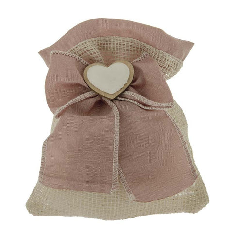 SACCHETTI MATRIMONIO CON FIOCCO E CUORE IN LEGNO CM.10X12 ROSA