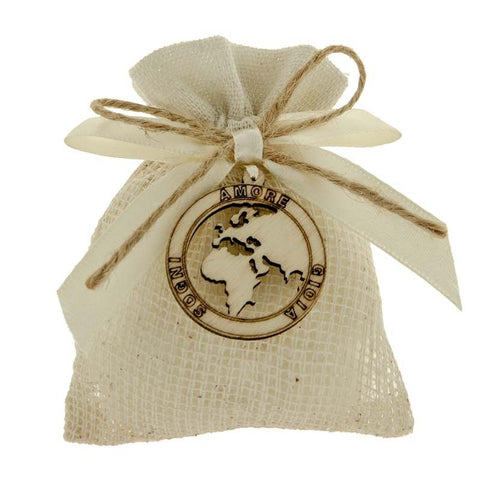 SACCHETTO BOMBONIERE MATRIMONIO CON MONDO IN LEGNO E FRASI