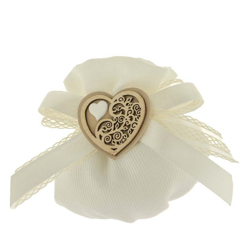 SACCHETTINI MATRIMONIO CON FIOCCO E DUE CUORI IN LEGNO CM.10