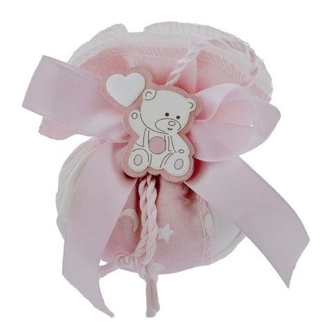 BOMBONIERE BIMBA NASCITA SACCHETTI ROSA CON ORSETTO LEGNO