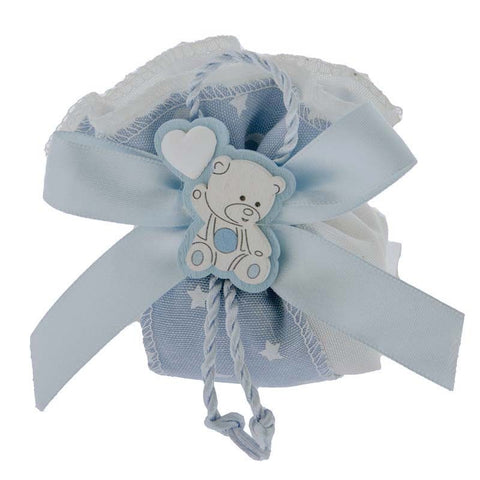 SACCHETTO NASCITA E BATTESIMO PORTACONFETTI CELESTE CON ORSETTO
